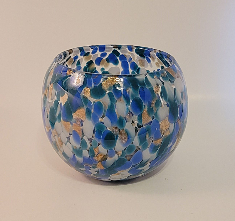 glass bowl blue, turquoise, white, gold