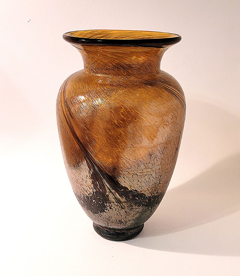 glass vase golden brown  with blue base