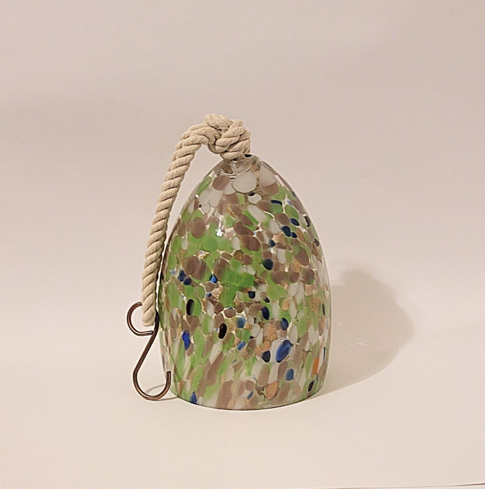 blown glass wind chime with wood clapper light green beige