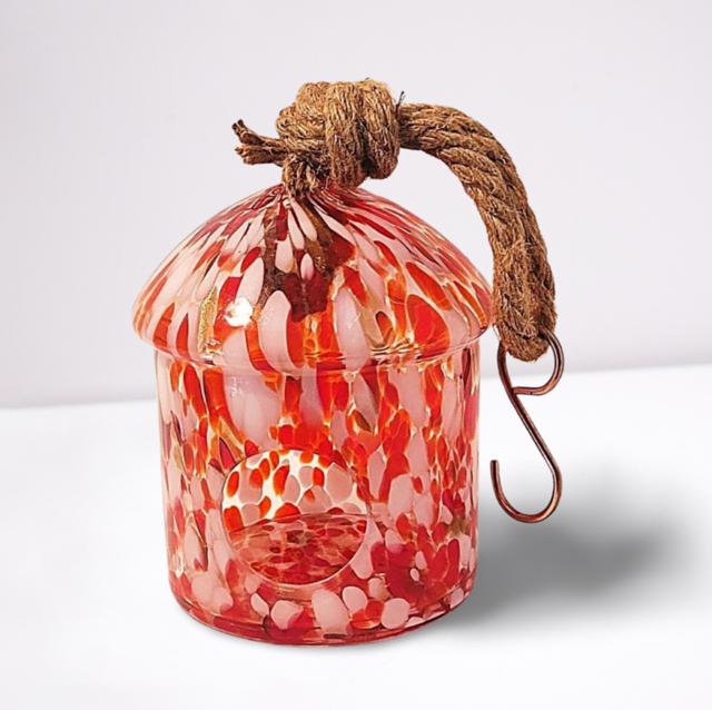 glass birdhouse red white gold