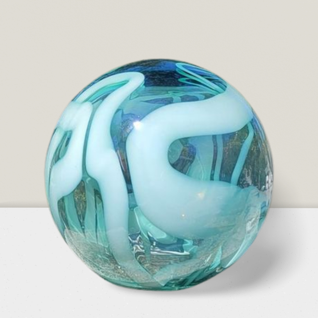 blown glass gazing ball clear with white ribbon design