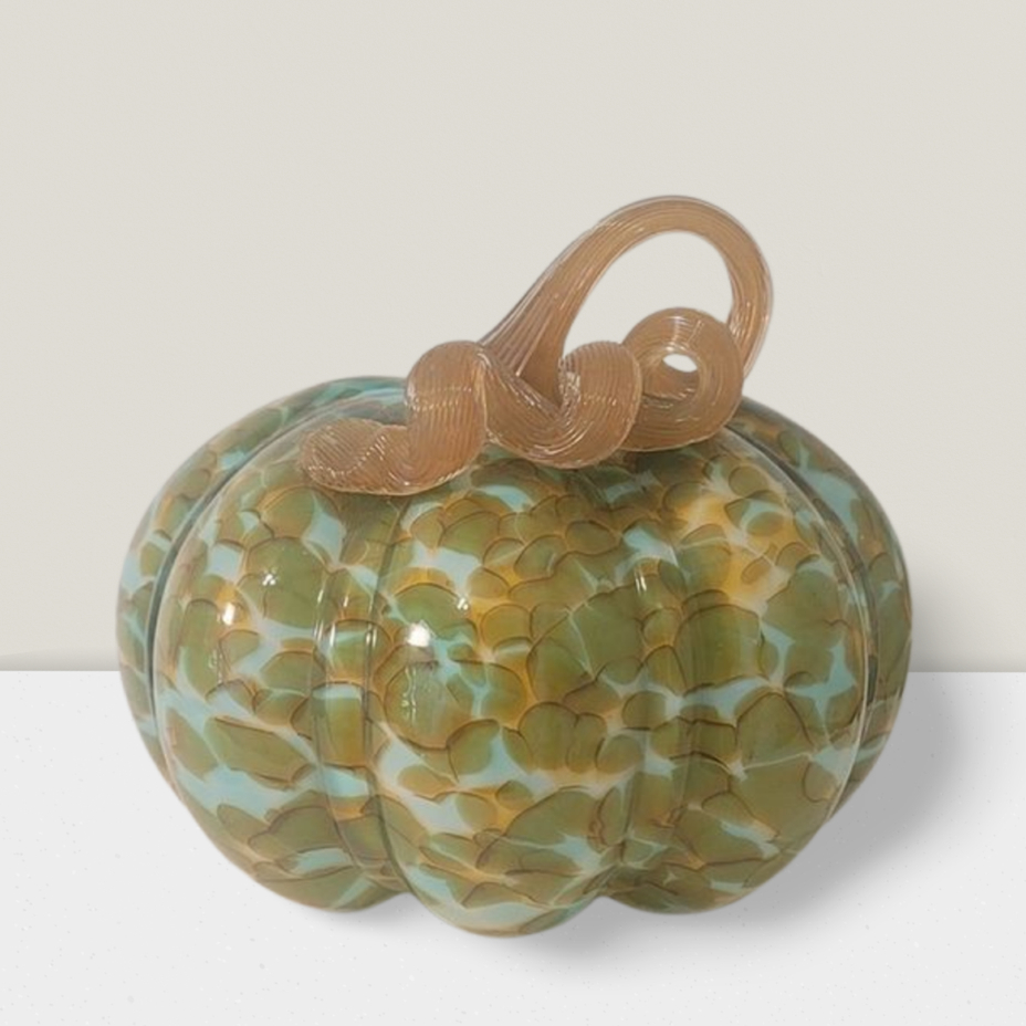 blown glass pumpkin green, white amber medium