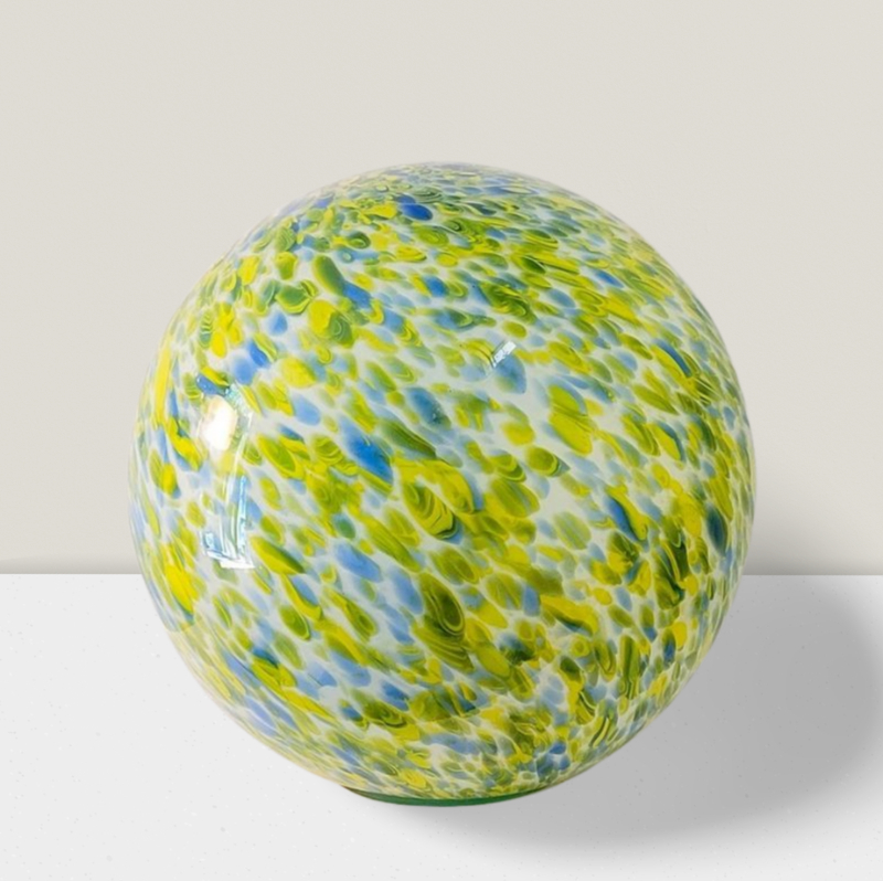 blown glass gazing ball yellow, blue, light green