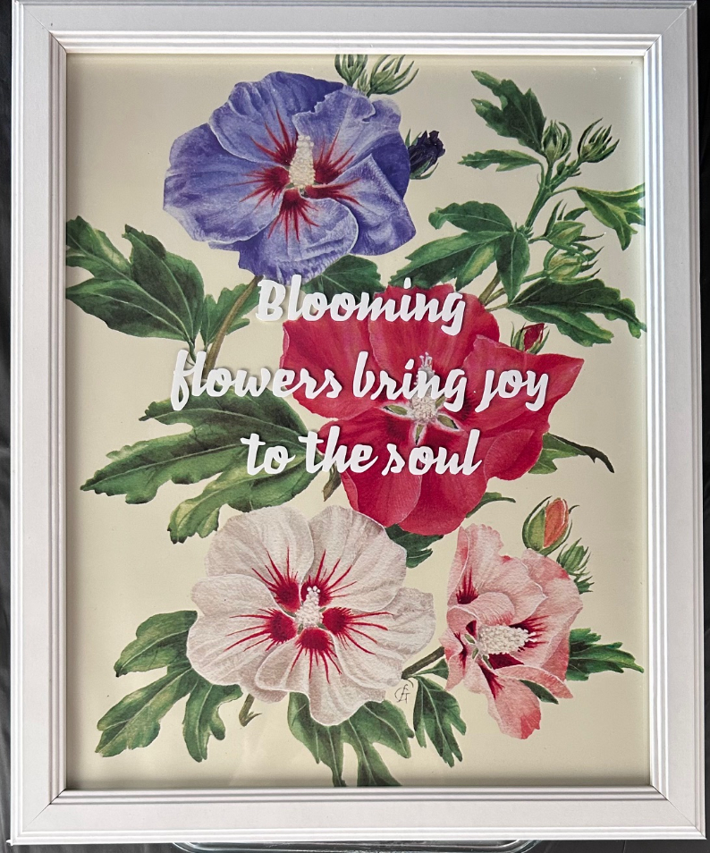 framed image of hibiscus flowers in pink, white, red, and purple with inspirational quote